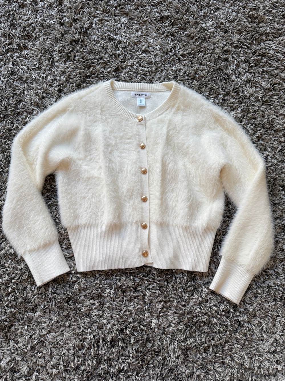 Bailey 44 Cream Fuzzy Faux Fur Button Front Cardigan with Gold Buttons